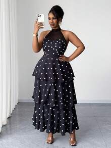 Maweii Rochie elegantă pentru damă, mărimi mari, neagră cu buline albe, din straturi, cu patchwork din plasă, rochie formală pentru toamnă, nuntă, petrecere de vacanță și vacanță - Negru - Vizualizare 4