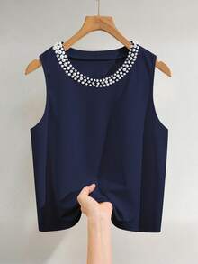 Franclia 大码女式优雅简约纯色仿珍珠装饰无袖宽松背心 - 寶藍色 - 查看 3