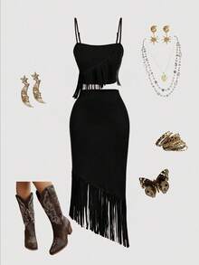 SHEIN MOD 2 pièces Ensemble de franges  marron pour femmes, convient pour les festivals de musique, tenue western
