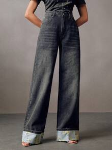 Anewsta New Fashion Printed Black Straight Leg Jeans For Women - Black - View 3