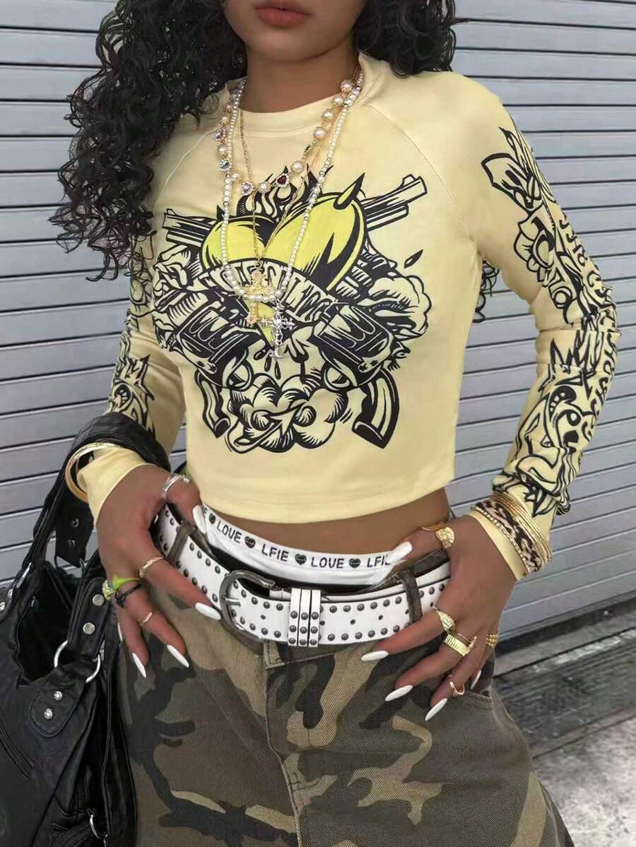 Rovax 女士Y2K爱心印花露肩长袖休闲上衣 - 黃色 - 查看 1