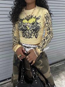 Rovax 女士Y2K爱心印花露肩长袖休闲上衣 - 黃色 - 查看 3