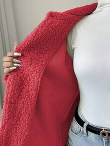 Elenzga Women's Casual Solid Color Button Front Faux Shearling Collar Jacket, Autumn/Winter - Red - View 6