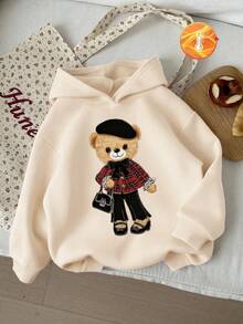 Sparklyn Áo nỉ ấm áp cho bé gái tuổi teen, phong cách mùa thu đông, thời trang thường ngày, sáng tạo, cá tính, tươi mới, tối giản, họa tiết gấu hoạt hình, nơ đen và kẻ caro, thoải mái, phù hợp cho mùa thu/đông. - Màu Khaki - Xem 3