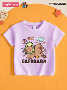 Sparklyn Camiseta de cuello redondo de manga corta con estampado de dibujos animados de capibara linda en color morado para niña preadolescente, verano - Morado - Ver 6