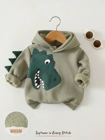 Cozy Pixies Baby Boy Cartoon Dinosaur Pattern Knitted Soft Hooded Long Sleeve Pullover Sweatshirt