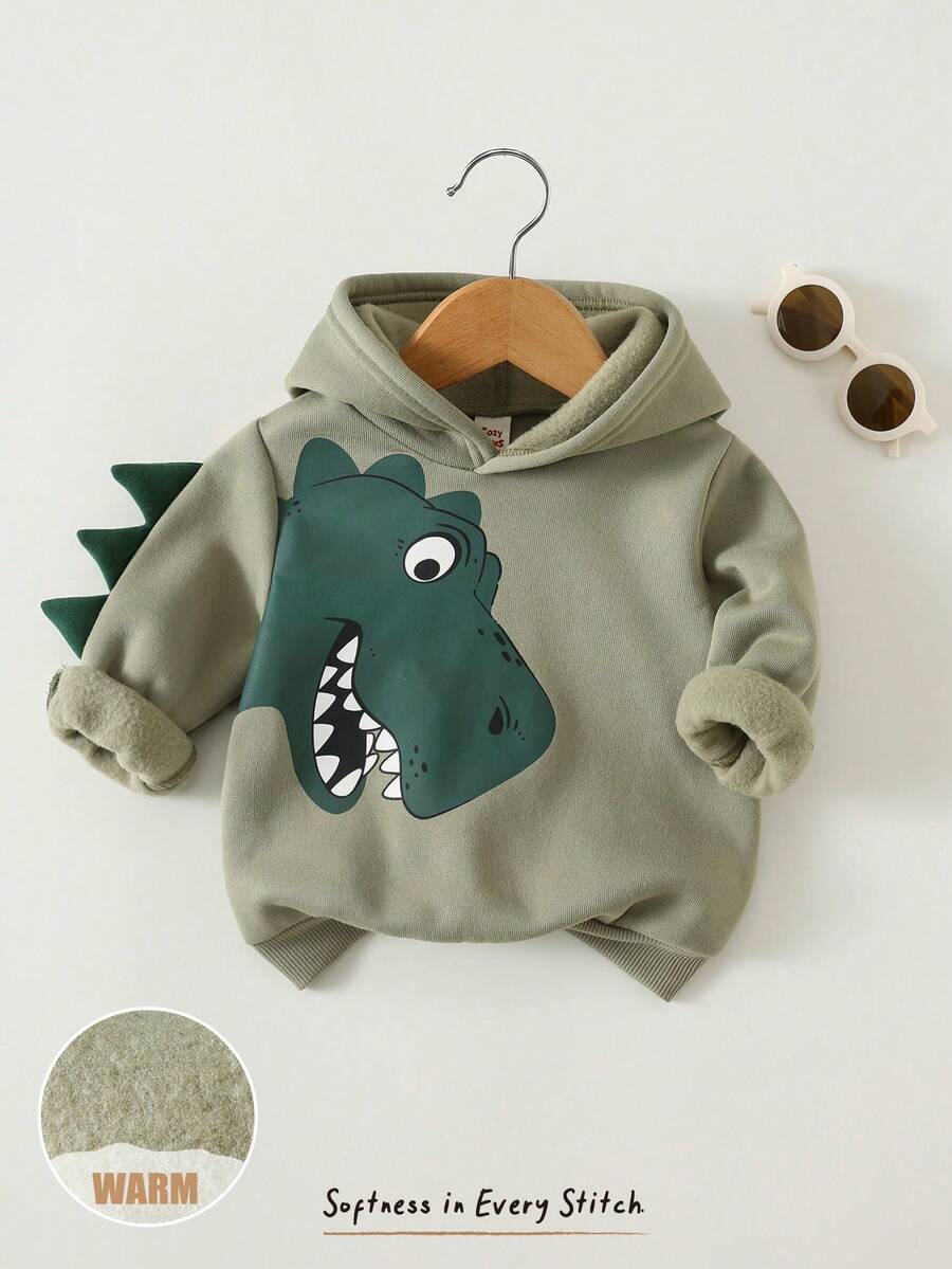 Cozy Pixies Baby Boy Cartoon Dinosaur Pattern Knitted Soft Hooded Long Sleeve Pullover Sweatshirt - Apricot - View 1