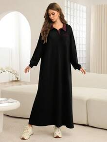 Al Najma Váy nỉ dệt kim màu xám dành cho nữ có cổ, thêu chữ, dáng suông, thời trang và dáng rộng - màu đen - Xem 6