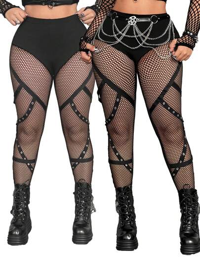 Whyspr Grunge Plus Size Punk Style Mesh Sheer Patchwork Leggings