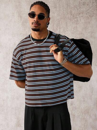 PAVTROS 男士休闲条纹圆领短袖T恤