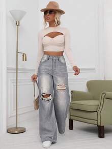 SHEIN ICON Jeans de pierna ancha con cintura alta y rotos en azul denim lavado - Gris - Ver 6