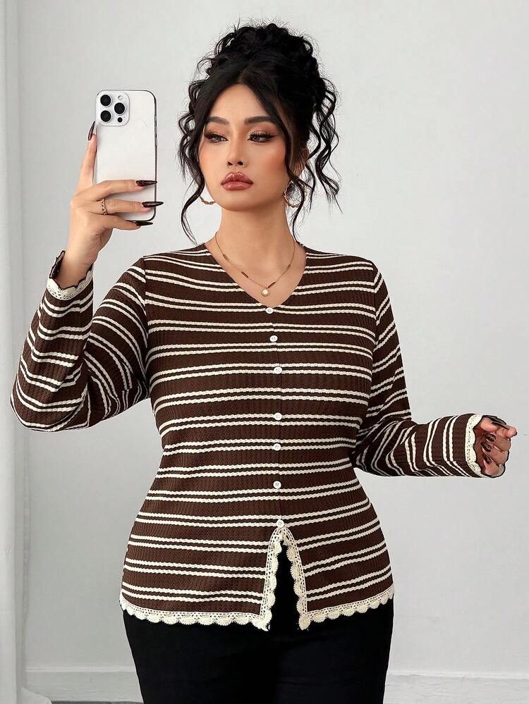 Dazy Plus V-Neck Faux Placket Button Decor Fashionable Striped Hem Slit Contrast Lace Long Sleeve T-Shirt