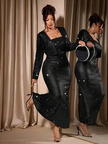 Cravure 大码女式银箔性感抹胸收腰美人鱼裙摆紧身连衣裙配小开衫外套两件套 - 黑色 - 查看 3