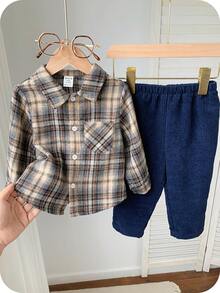 2pcs/Set Baby Boy Plaid Collar Casual Shirt & Elastic Waist Pants Set Baby Set Autumn Winter Season Baby Boys Outfit Baby Boy Plaid Outfit Baby Boy Fall Winter Babyboy Outifts - Multicolor - View 4