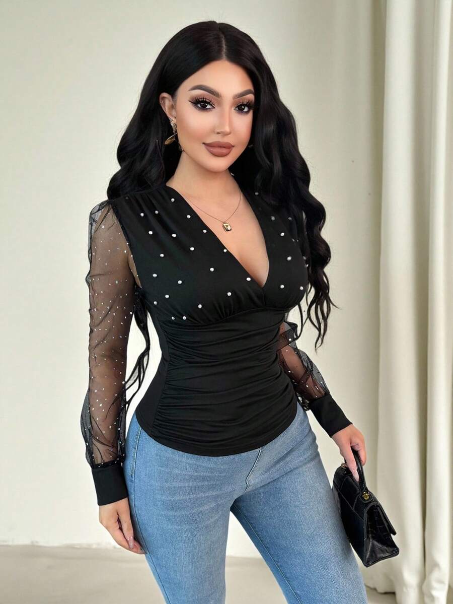 Chiquease Áo cánh tay bồng phối lưới sequin lấp lánh cổ chữ V thanh lịch dành cho nữ, tay bồng đính đá, xếp ly - màu đen - Xem 1