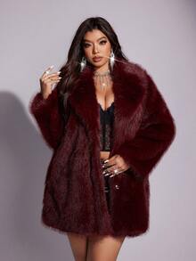 Allurite Mantel Bulu Imitasi Wanita Musim Dingin Warna Polos Kerah Lengan Panjang Longgar Modis Panjang Sedang - Burgundy - View 5