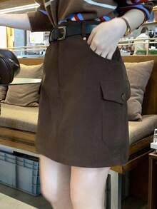 DAZY 女士纯色高腰工装口袋直筒休闲裙 - 棕色 - 查看 8