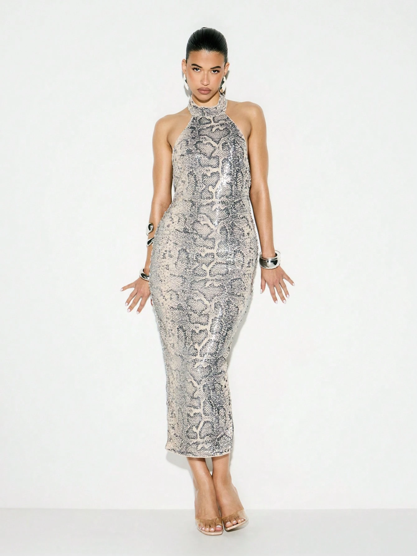 KIZN Sequin Snake Print Halter Maxi Dress