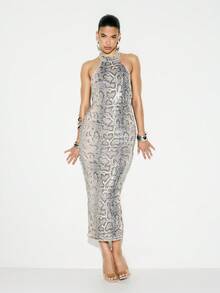 KIZN Vestido largo de fiesta formal con cuello halter, estampado de serpiente con lentejuelas, ajustado y sin espalda - Gris - Ver 1