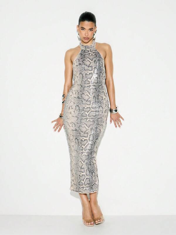 KIZN Vestido largo de fiesta formal con cuello halter, estampado de serpiente con lentejuelas, ajustado y sin espalda