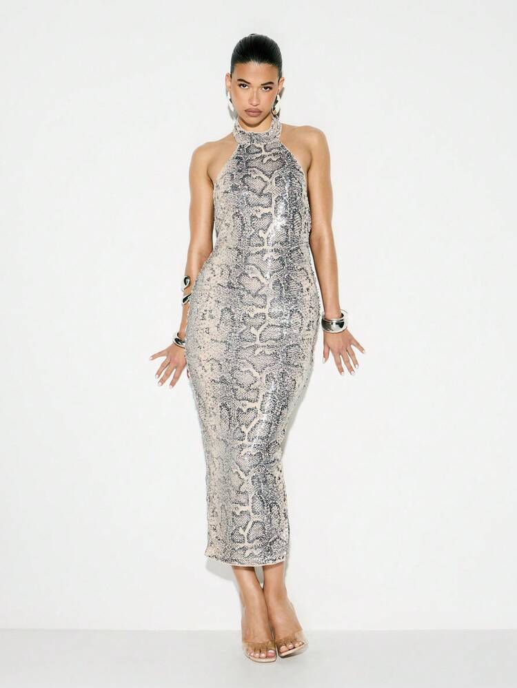 KIZN Sequin Snake Print Halter Maxi Dress