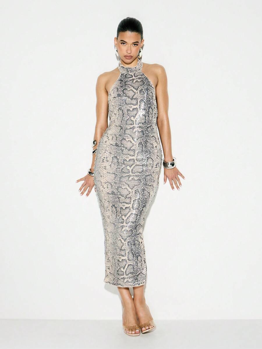 KIZN Vestido largo de fiesta formal con cuello halter, estampado de serpiente con lentejuelas, ajustado y sin espalda - Gris - Ver 1