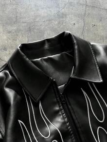 AXEPEAK Men's Autumn Fashionable Street Flame Embroidery Zip-Up PU Leather Long Sleeve Jacket - Black - View 4