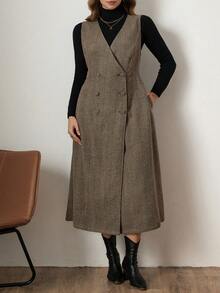 Zelara Jachetă midi kaki fără mâneci, cu talie elastică, toamnă/iarnă - cafea maro - Vizualizare 3