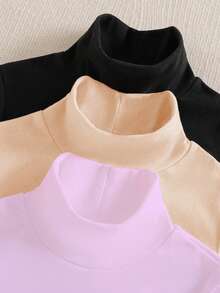 SHEIN Sparklyn Bộ 3 áo thun dài tay cổ lọ in hình mèo thoải mái cho bé gái tuổi teen - Nhiều màu - Xem 3
