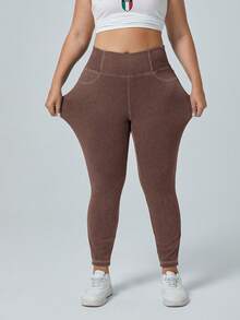 SHEIN Unity Jeans elásticos de corte skinny, ajuste relajado y desgastado, talla grande, informal - Café integral - Ver 5