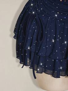 SHEIN ICON Plus Size Ruched Tie-Up High Slit Layered Glitter Mesh Mini Skirt - Navy Blue - View 6