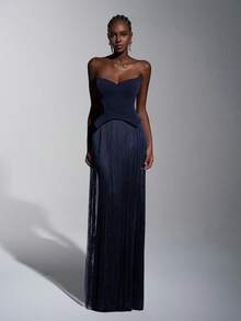 Elitara Elegant Luxury Sexy Knit Glitter Off-Shoulder Cat Collar Waist Tassel Decor Bodycon Dress, Suitable For Formal Occasions Like Galas, Exhibitions, Business Events, And Evening Parties - Navy Blue - View 6