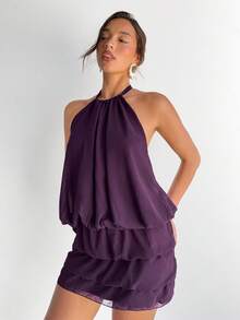 Aloruh 音乐节性感露背吊带多层弹力迷你连衣裙，女士款，李子紫色 - 中紫紅色 - 查看 5