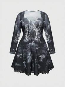 ROMWE Goth Vestido de talla grande para mujer con estampado de castillo gótico, lápida, cuervo y murciélago, con cuello de encaje y parches en la cintura - Negro - Ver 1