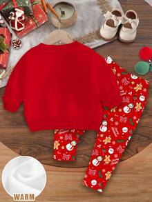 女婴圣诞可爱卡通图案饮料杯，圣诞老人、雪人、驯鹿、姜饼人、铃铛、雪花印花，红色节日款；休闲柔软加厚圆领长袖卫衣和打底裤套装，适合秋冬季圣诞节穿着。 - 彩色 - 查看 3