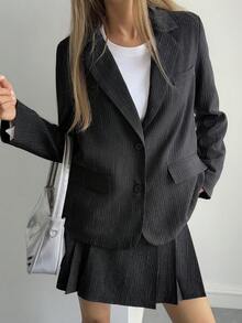 Women's Striped Casual Jacket And Pleated Skirt 2 Pieces Set, Autumn/Winter Lounge Sets For Women - Dark Grey - View 6