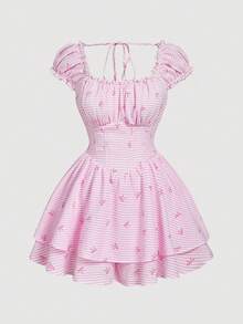 SHEIN MOD Váy liền quần cỡ lớn màu trắng trơn, viền bèo nhún, phần ngực xếp ly, gấu váy xếp tầng, tay ngắn, gấu váy đôi, váy dự tiệc dã ngoại, váy thắt nơ, váy dự tiệc trà, váy kẻ sọc hồng, váy nữ. - Màu Hồng baby - Xem 6