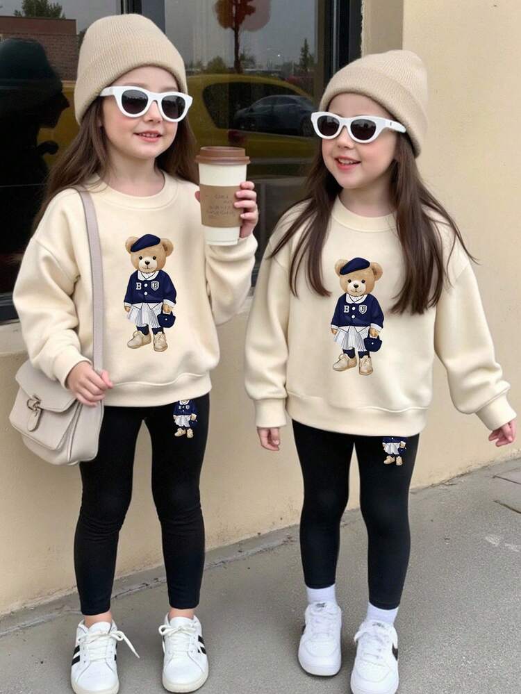 1 Set Young Girl Casual Cute Bear Graphic Crew Neck Sweatshirt And Leggings Set, Suitable For School And Outings In Autumn/Winter - Apricot - View 1