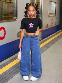 SHEIN Tween Girls' Y2K Fashionable Solid Washed Bowknot Jeans Embroidered Bow Baggy Denim Straight Leg Jeans,Tween Girl Fall Clothes Back To School Streetwear Outfits Winter - Medium Wash - View 3