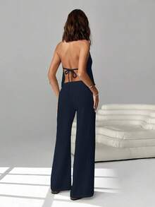 SHEIN EZwear 女士雪纺露背吊带两件套度假休闲套装 - 藏蓝色 - 查看 2