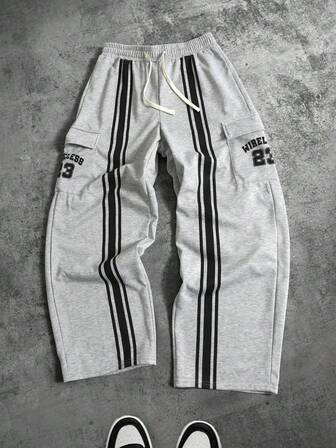 Men's Preppy Striped & Letter Print Drawstring Waist Pocket Casual Sweatpants