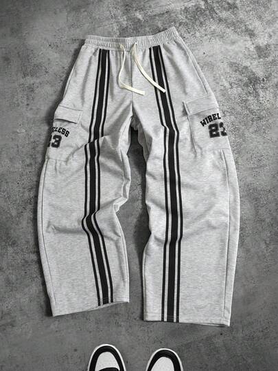 Street Life Men's Preppy Striped & Letter Print Drawstring Waist Pocket Casual Sweatpants