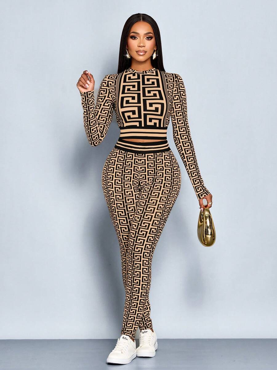 SOLERSUN Set de 2 bucăți pentru femei, toamnă/iarnă, design grafic cu imprimeu contrastant, culori lungi, top și pantaloni, set de Ziua Recunoștinței, ținute de iarnă pentru femei, haine de femei - imagine 4