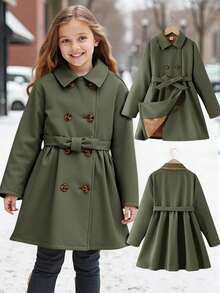 SHEIN Serisse Kids Tween Girls Solid Simple Green Color Thermal Lined Long Coat With Lapel, Suitable And Warm For Autumn Winter, Daily Wear, Casual Occasion, Back To School Trench Coat Kids Girl Coats Tween Dress Coat Girls Wool Coat Girls Coat Peter Pan - Army Green - View 9