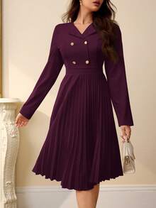 Revavyn Revavyn 复古别致通勤时尚法式休闲优雅金属扣无领拼接褶皱下摆女士连衣裙女士优雅连衣裙 - 紫色 - 查看 3