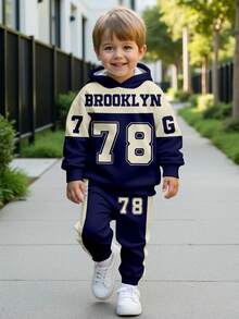 SHEIN 2pcs/Set Young Boy Loose Casual Sports Sweatshirt And Pants,Autumn,Career Day,Back-To-School,Color Block Patchwork Brooklyn City Number 78 Letter G7 - Multicolor - View 1