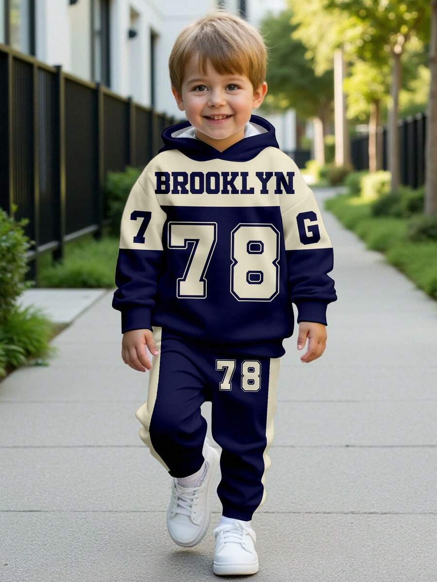 SHEIN 2pcs/Set Young Boy Loose Casual Sports Sweatshirt And Pants,Autumn,Career Day,Back-To-School,Color Block Patchwork Brooklyn City Number 78 Letter G7 - Multicolor - View 1