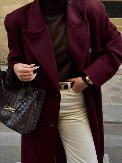 Femmeverse Plus Size Women's Autumn/Winter New Design Sense Coat, High-Quality Wool Blend Long Jacket