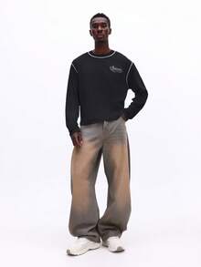 SUMWON 刺绣Logo圆领长袖T恤，撞色缝线细节，秋冬休闲上衣 - 黑色 - 查看 3