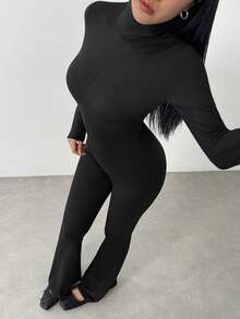 Flirla Black High Neck Cutout Bodycon Flare Jumpsuit Fall Cloth For Women